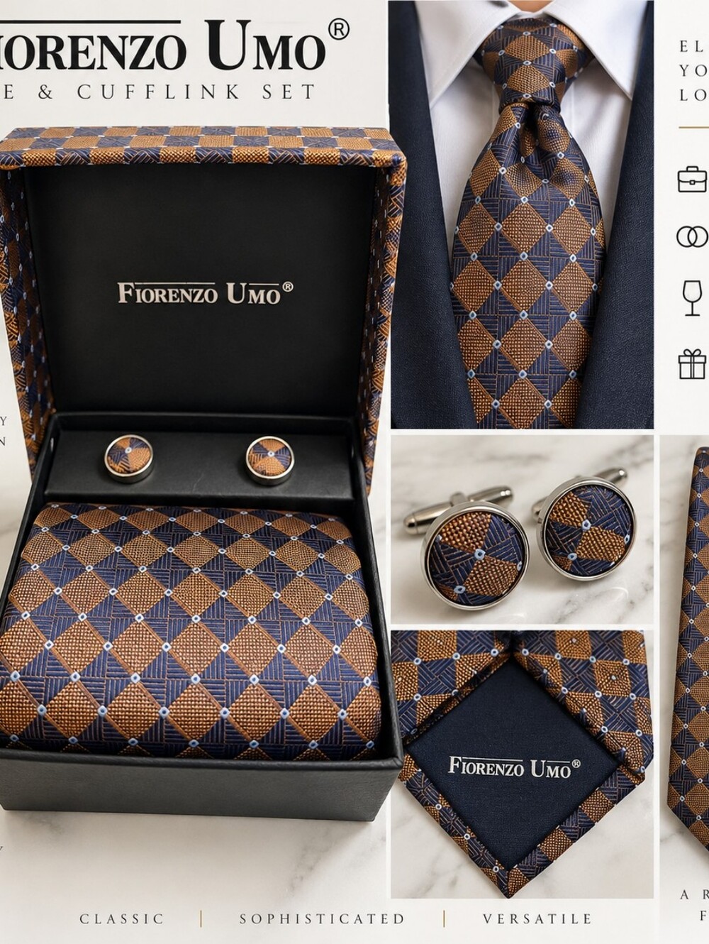 Men’s Brown & Navy Check Tie and Cufflink Set